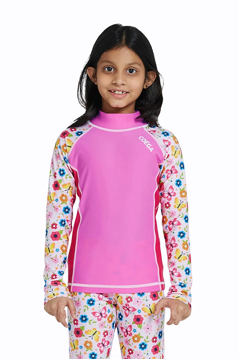 COEGA  Girls Kids Rashguard Long Sleeve - Pink Rosey Flowers